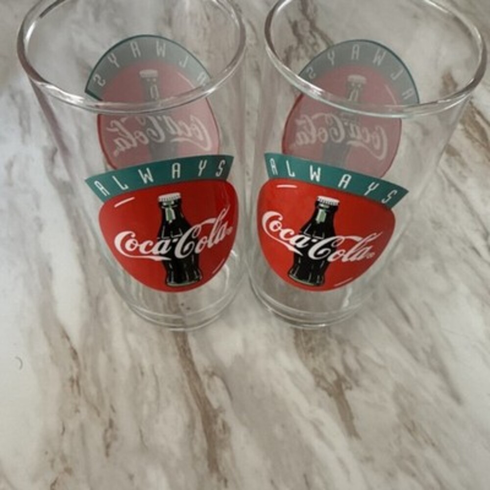 Coca-Cola Glasses Set of 2 Clear with Red Logo Soda Theme Sign Green Black White